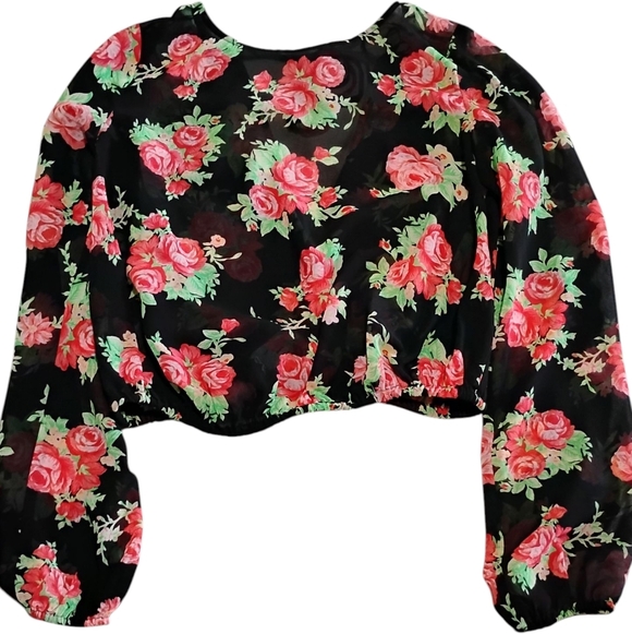 GUESS | ROSESROSESROSES 🌹 Sheer Long Sleeve Cropped Top & Open V Back Medium - Picture 2 of 10